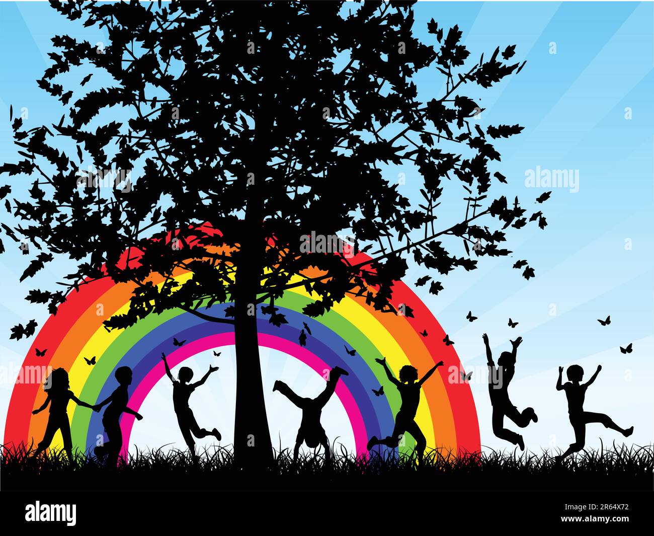 Silhouettes of children chasing butterflies Stock Vector