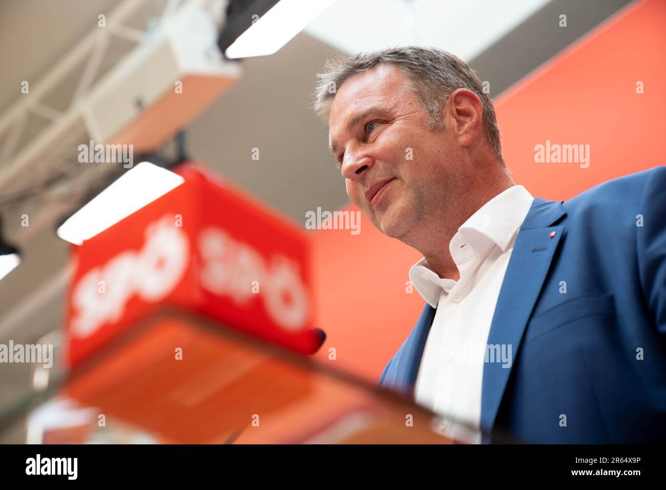 Vienna, Austria. 6 June 2023. Press conference with new head of Austrian SPOE party Andreas Babler after the wrongful election results announcing Hans-Peter Doskozil to be the winner, in the SPOE-Parlamentsklub in the Austrian parliament ©Andreas Stroh Stock Photo