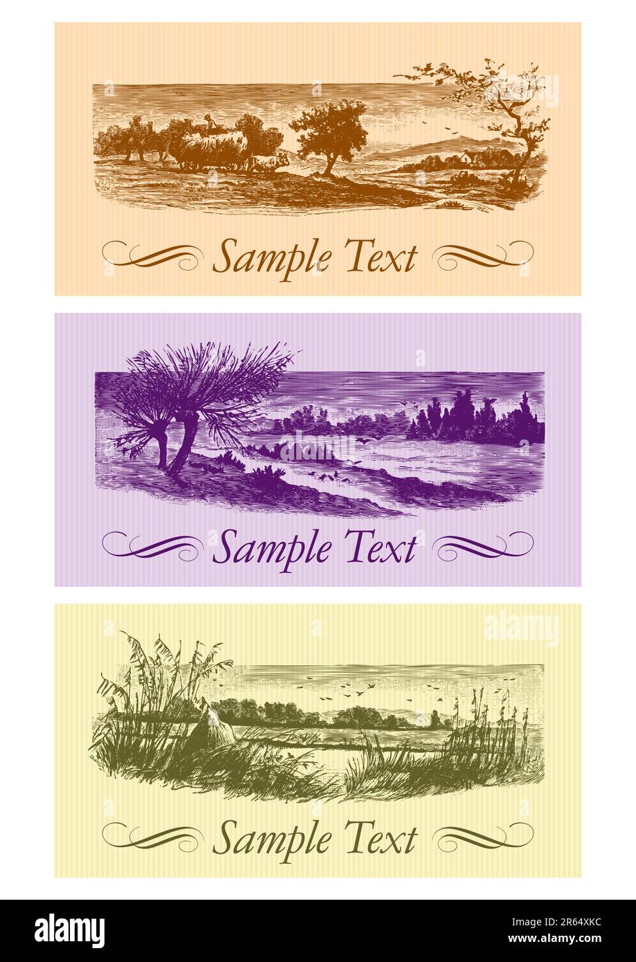 set of vintage cards with antique landscapes engravings; scalable and editable vector illustration Stock Vector