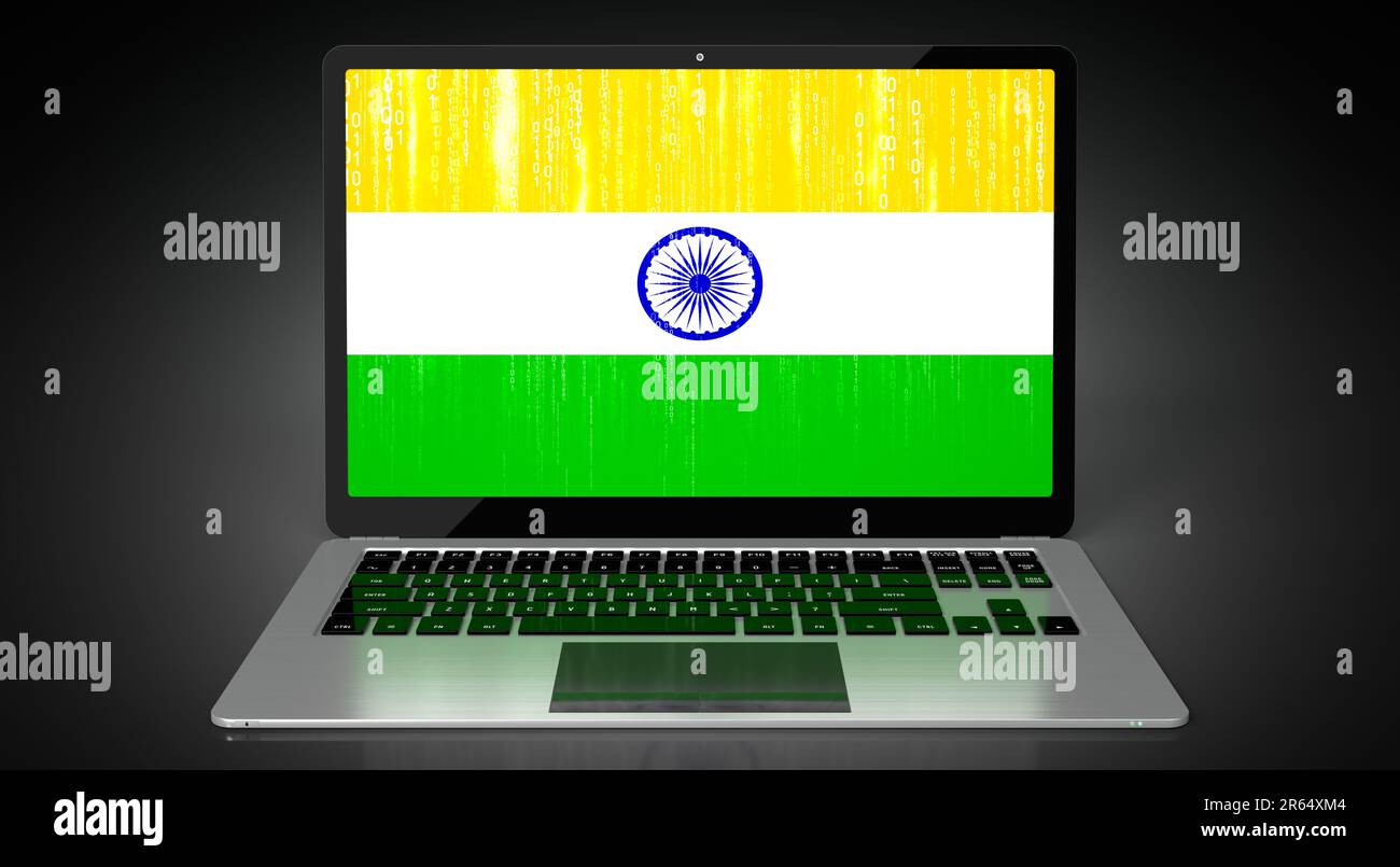 India country flag and binary code on laptop screen 3D illustration