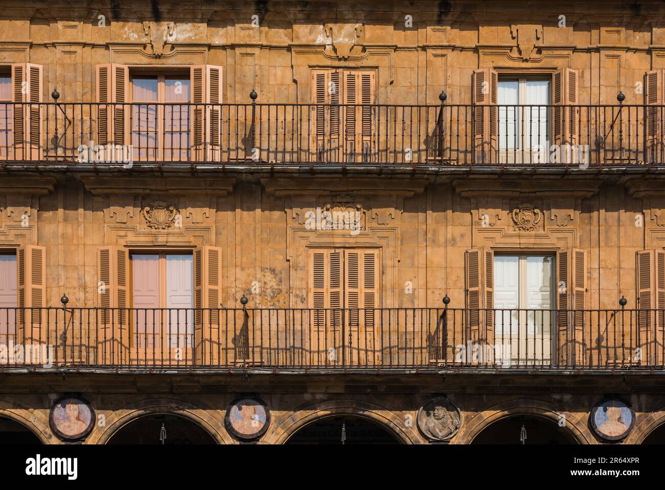 Salamanca Spain, detail of the four storey galleried apartments sited on the west side of the baroque Plaza Mayor dating from 1755, Salamanca, Spain Stock Photo