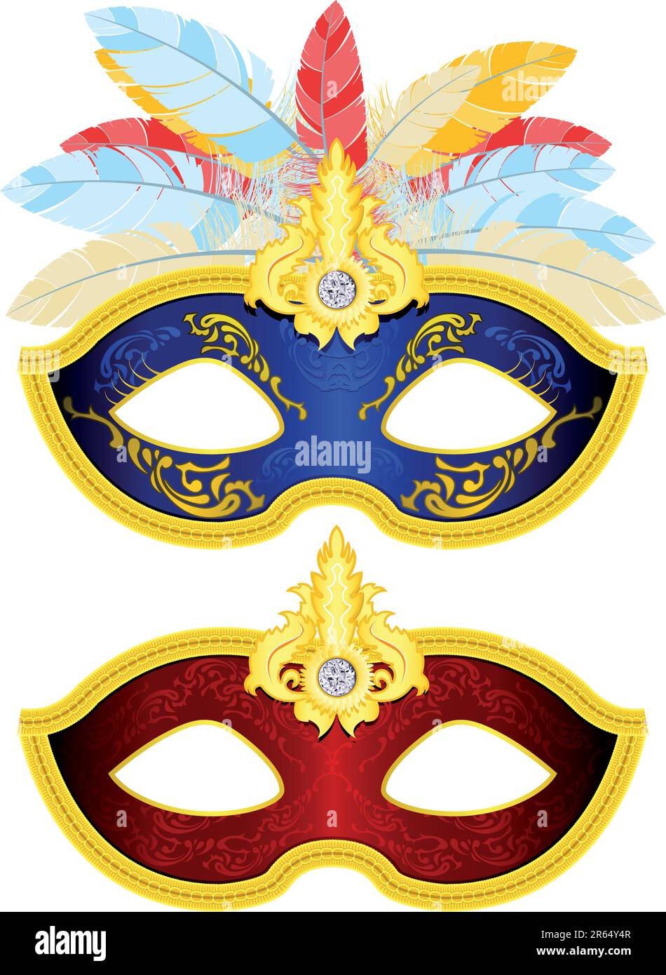 Two Masquerade Mask with feather in different colors Stock Vector