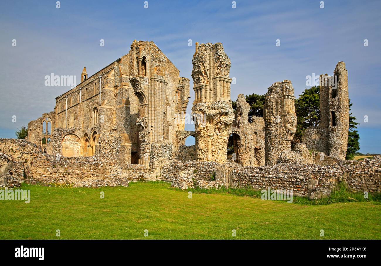 A view from the south-east of the Priory ruins and parish Church of St Mary and the Holy Cross at Binham, Norfolk, England, United Kingdom. Stock Photo