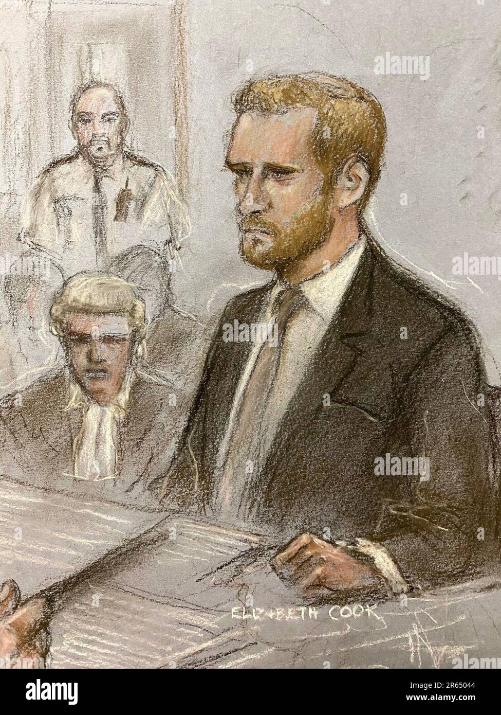Court artist sketch by Elizabeth Cook of the Duke of Sussex giving evidence at the Rolls Buildings in central London during the phone hacking trial against Mirror Group Newspapers (MGN). A number of high-profile figures have brought claims against MGN over alleged unlawful information gathering at its titles. Picture date: Wednesday June 7, 2023. Stock Photo