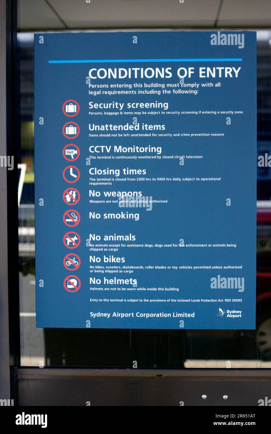 A security sign at the entrance Sydney (Kingsford Smith) International Airport. Stock Photo