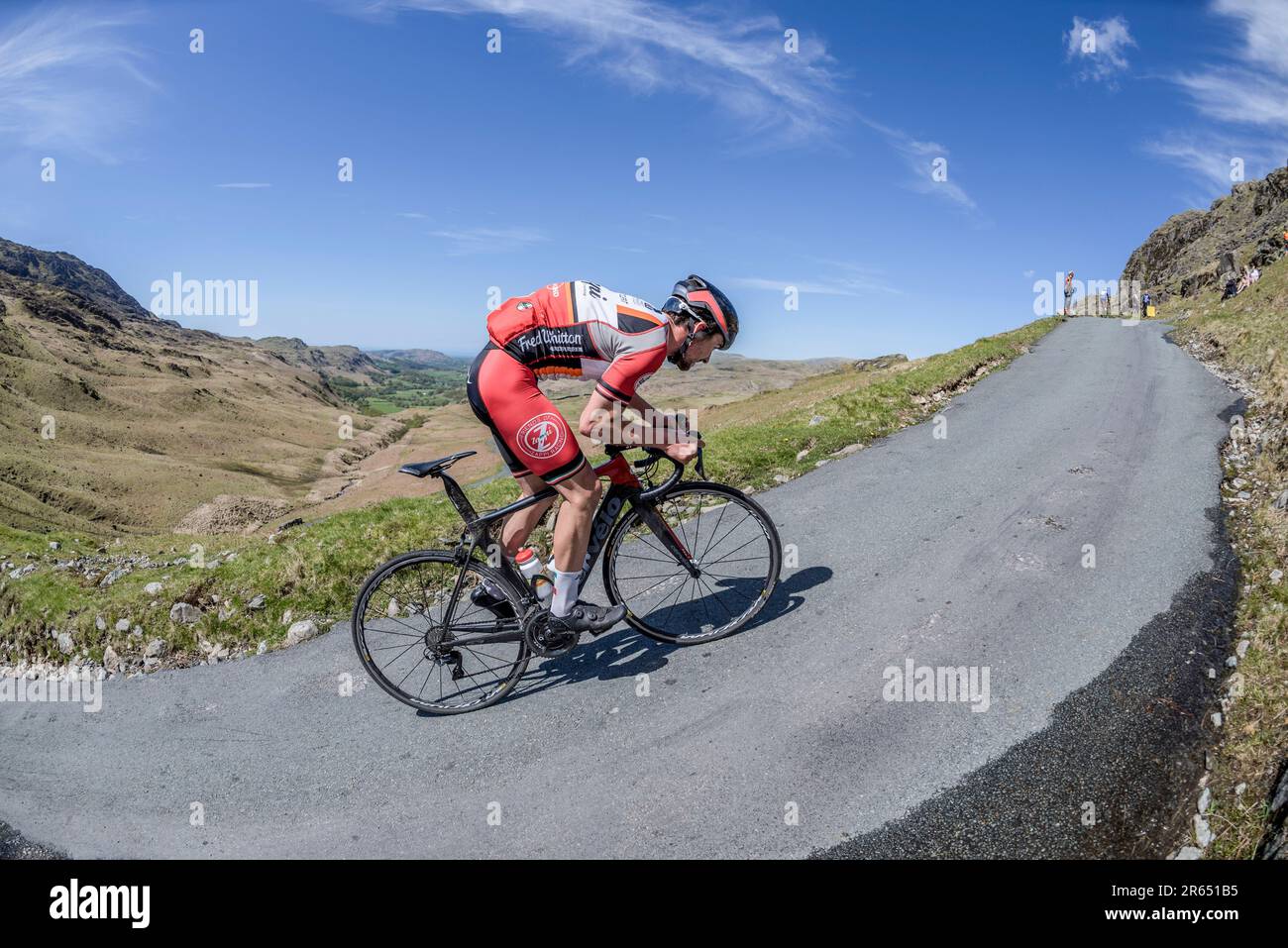 Ben Healy, Zappi Racing, age 17 at the time riding Hardknott Pass, in the Fred Whitton Challenge 2018.  He now rides for EF Education–EasyPost. Stock Photo