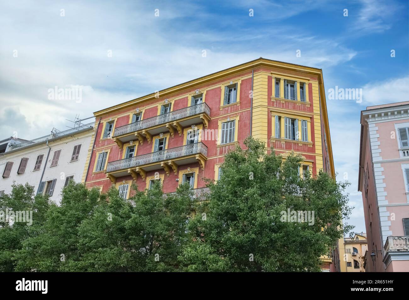 The ancient colorful houses in the historic center of Ajaccio, Corsica ...