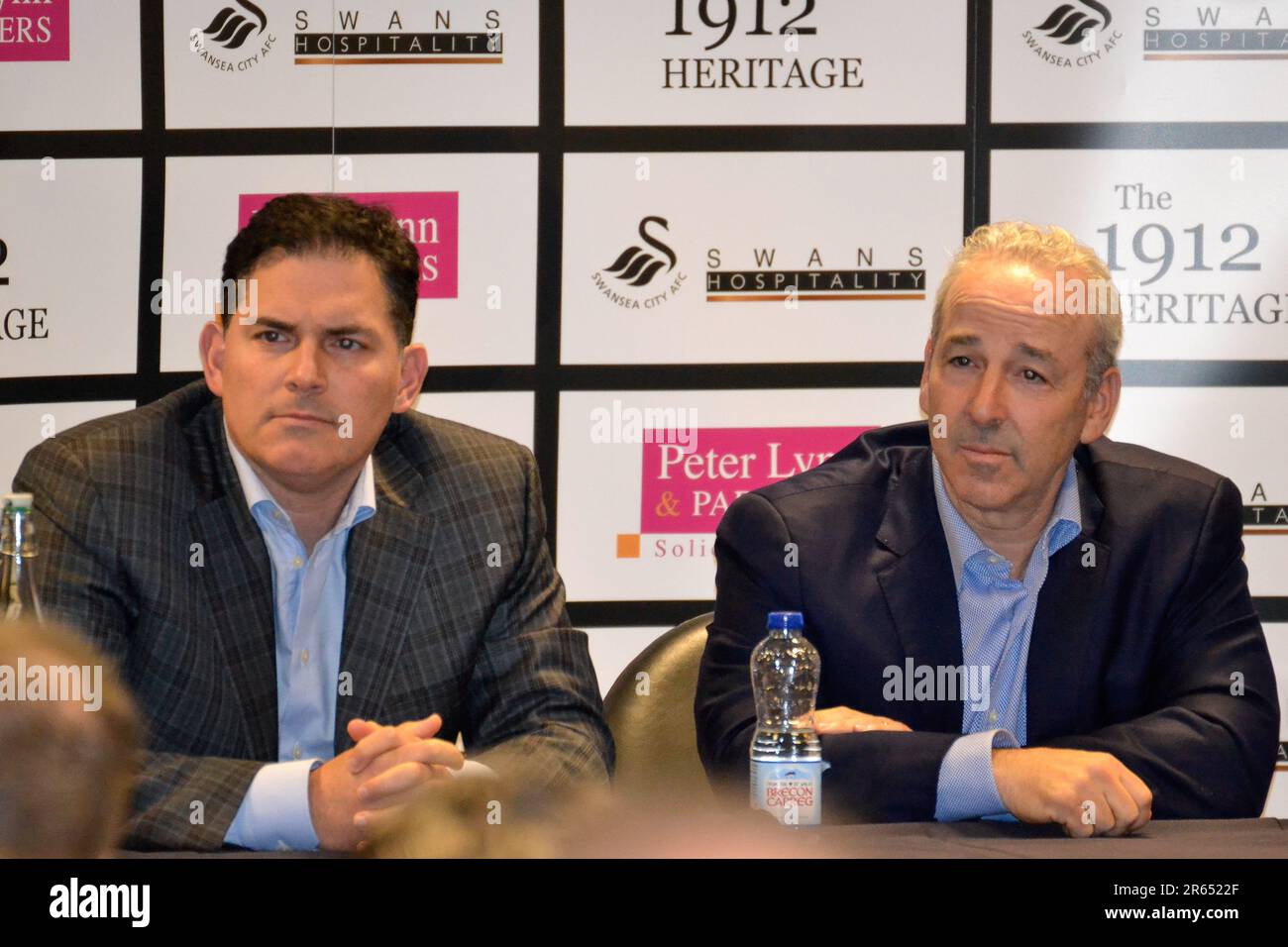 Swansea, Wales. 4 April 2017. Swansea City co-owner Jason Levien (left) and Swansea City co-owner Steve Kaplan during the Swansea City Supporters' Trust Fans Forum at the Liberty Stadium in Swansea, Wales, UK on 4 April 2017. Credit: Duncan Thomas/Majestic Media. Stock Photo