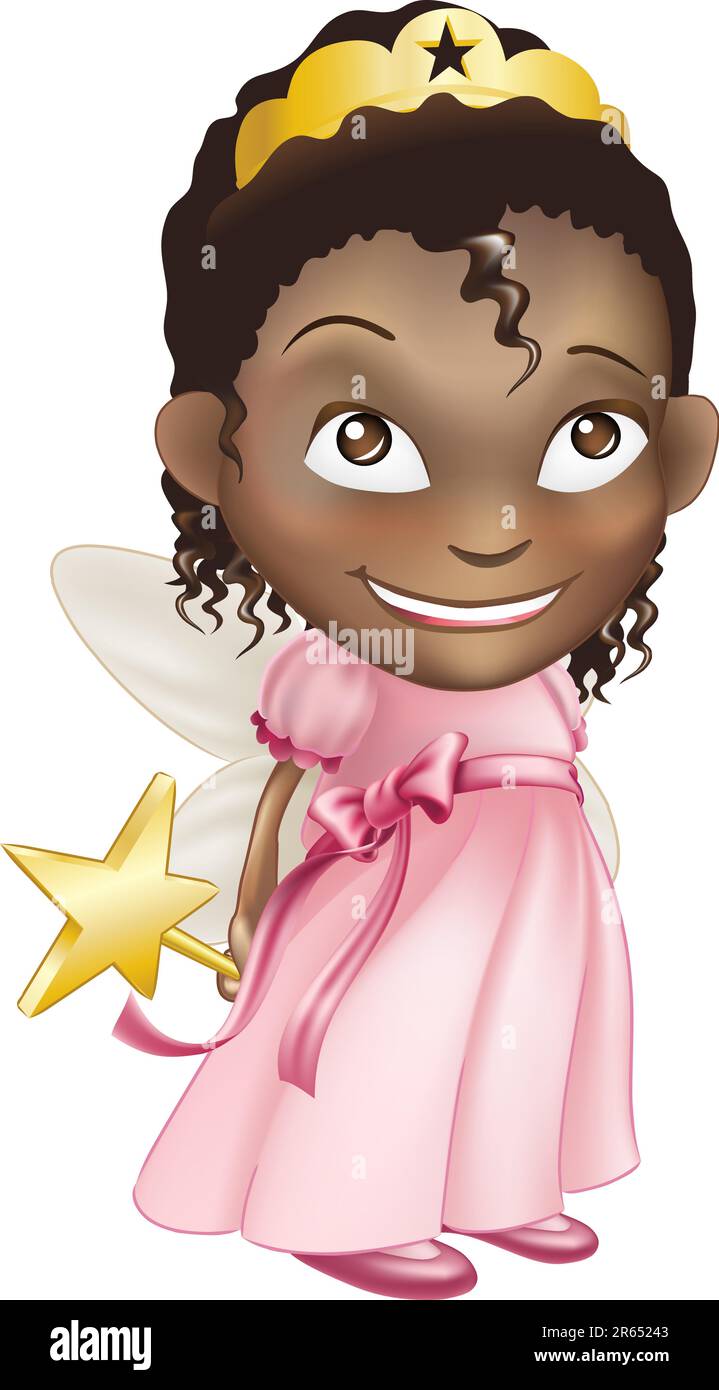 An illustration of a young black girl dressed in a fairy princess costume, with a crown, star wand and butterfly wings Stock Vector