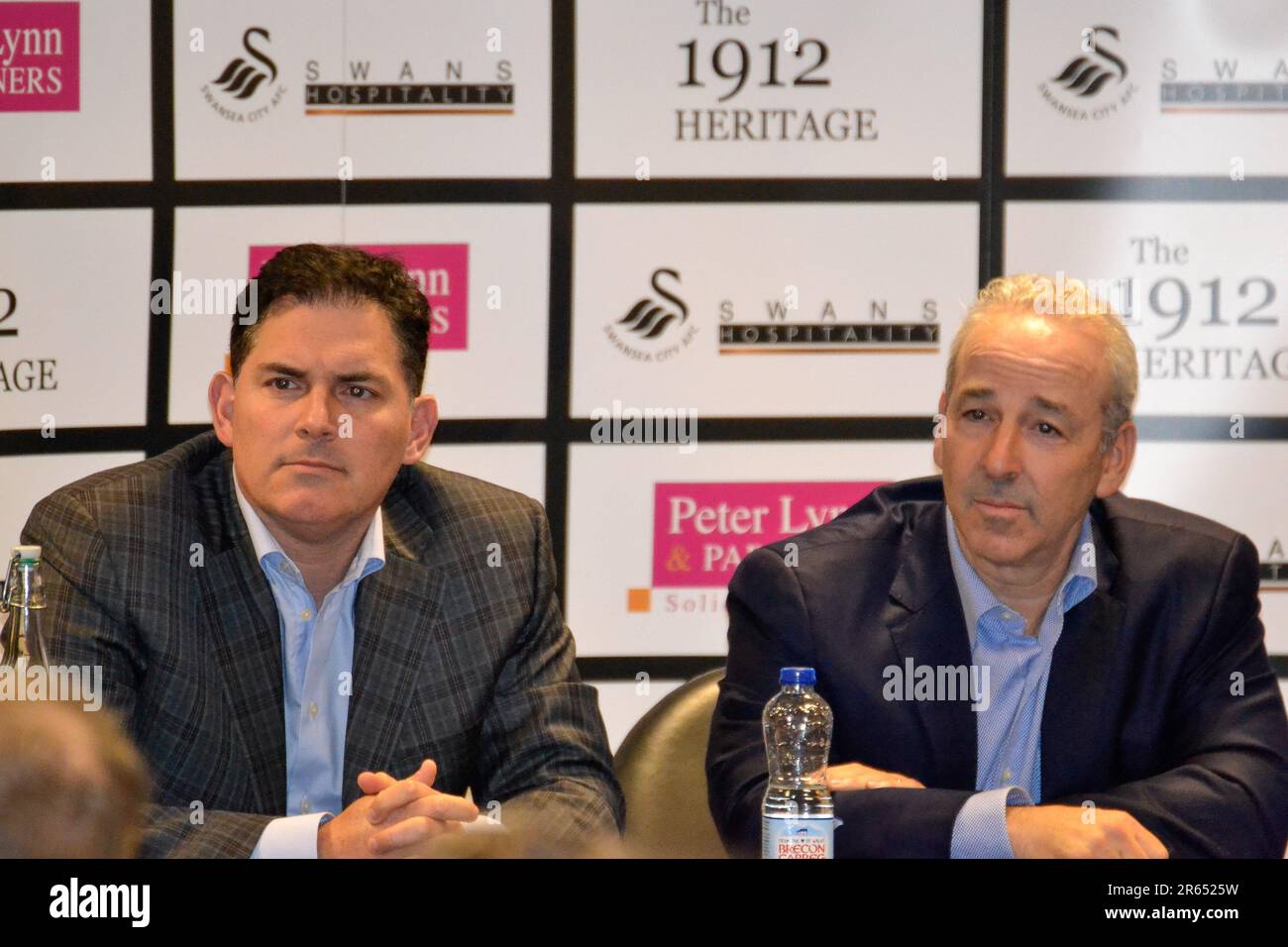 Swansea, Wales. 4 April 2017. Swansea City co-owner Jason Levien (left) and Swansea City co-owner Steve Kaplan during the Swansea City Supporters' Trust Fans Forum at the Liberty Stadium in Swansea, Wales, UK on 4 April 2017. Credit: Duncan Thomas/Majestic Media. Stock Photo