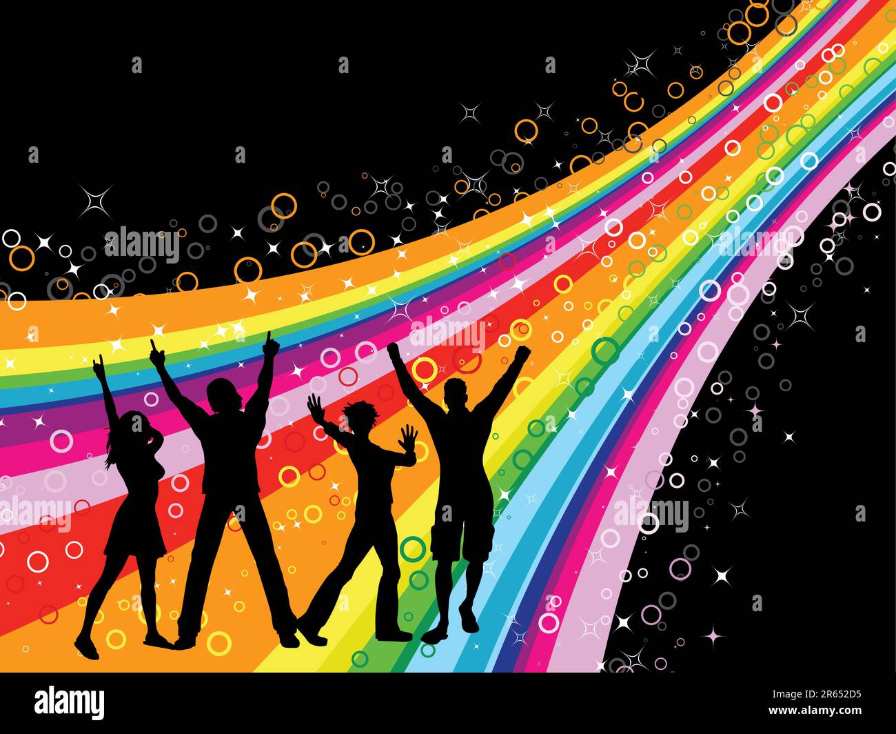 Silhouettes of people dancing on rainbow burst background Stock Vector