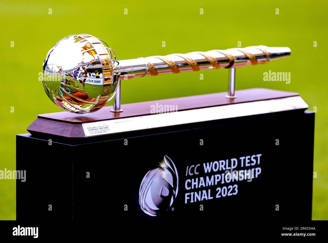 A general view of the ICC World Test Championship trophy on display ahead of the start of play