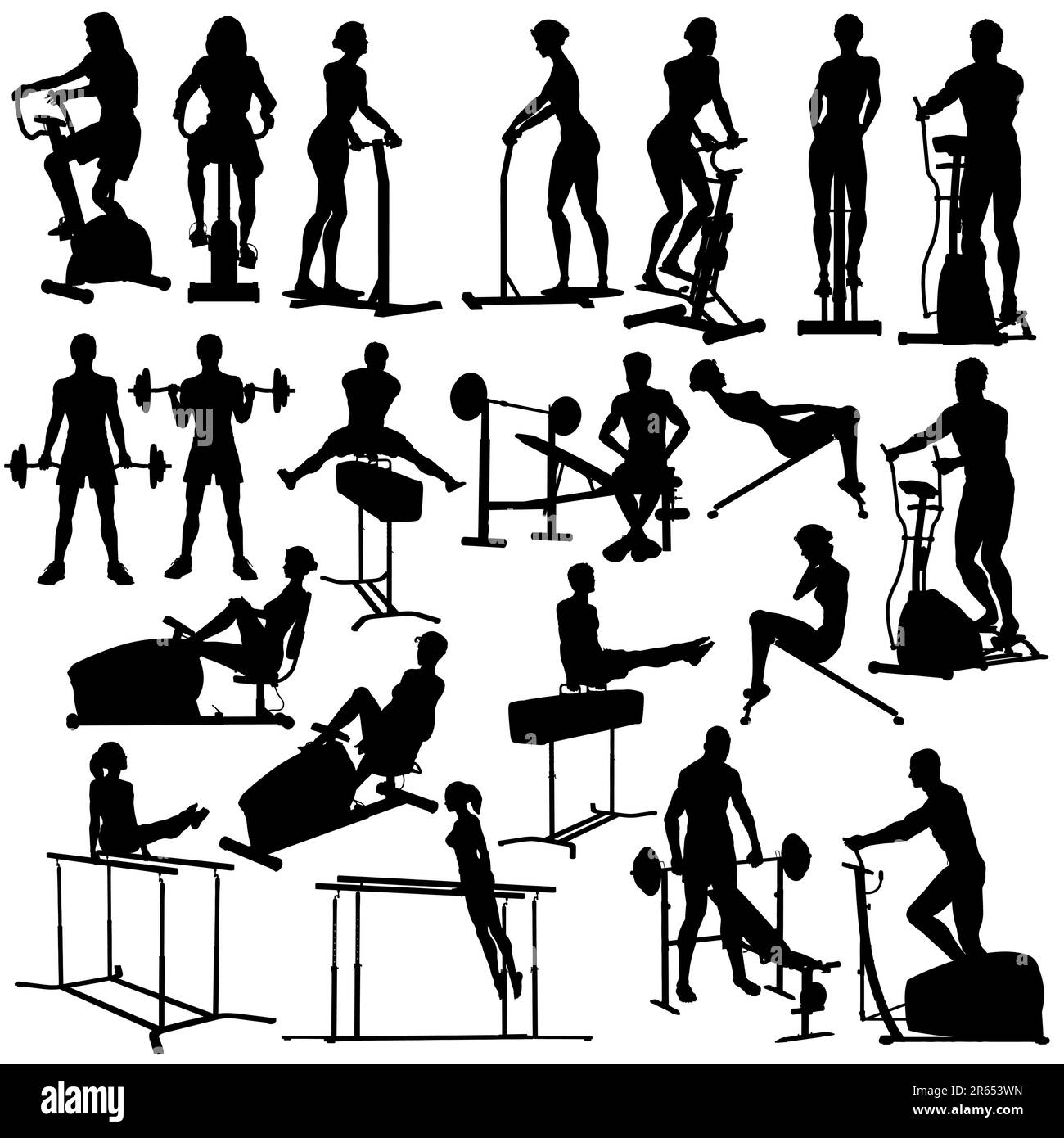 Set of silhouettes of people exercising in the gym with all figures and equipment as separate objects Stock Vector
