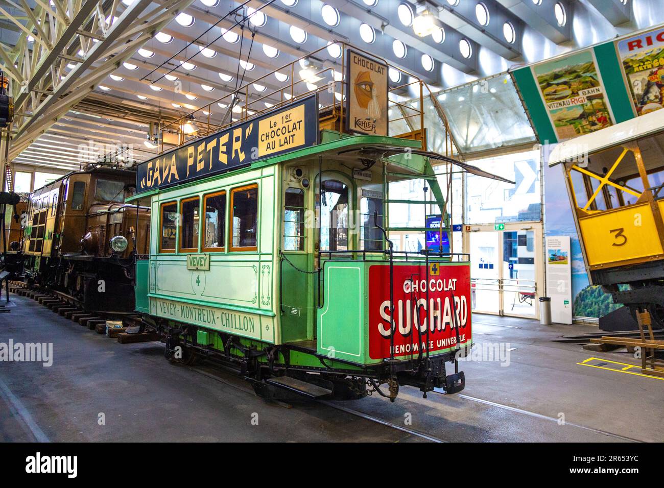 Electric tram motorcar Ce 1/2 1888 Vevey - Montreux - Chillon VMC Tram No.4 at the Swiss Museum of Transport, Lucerne, Switzerland Stock Photo