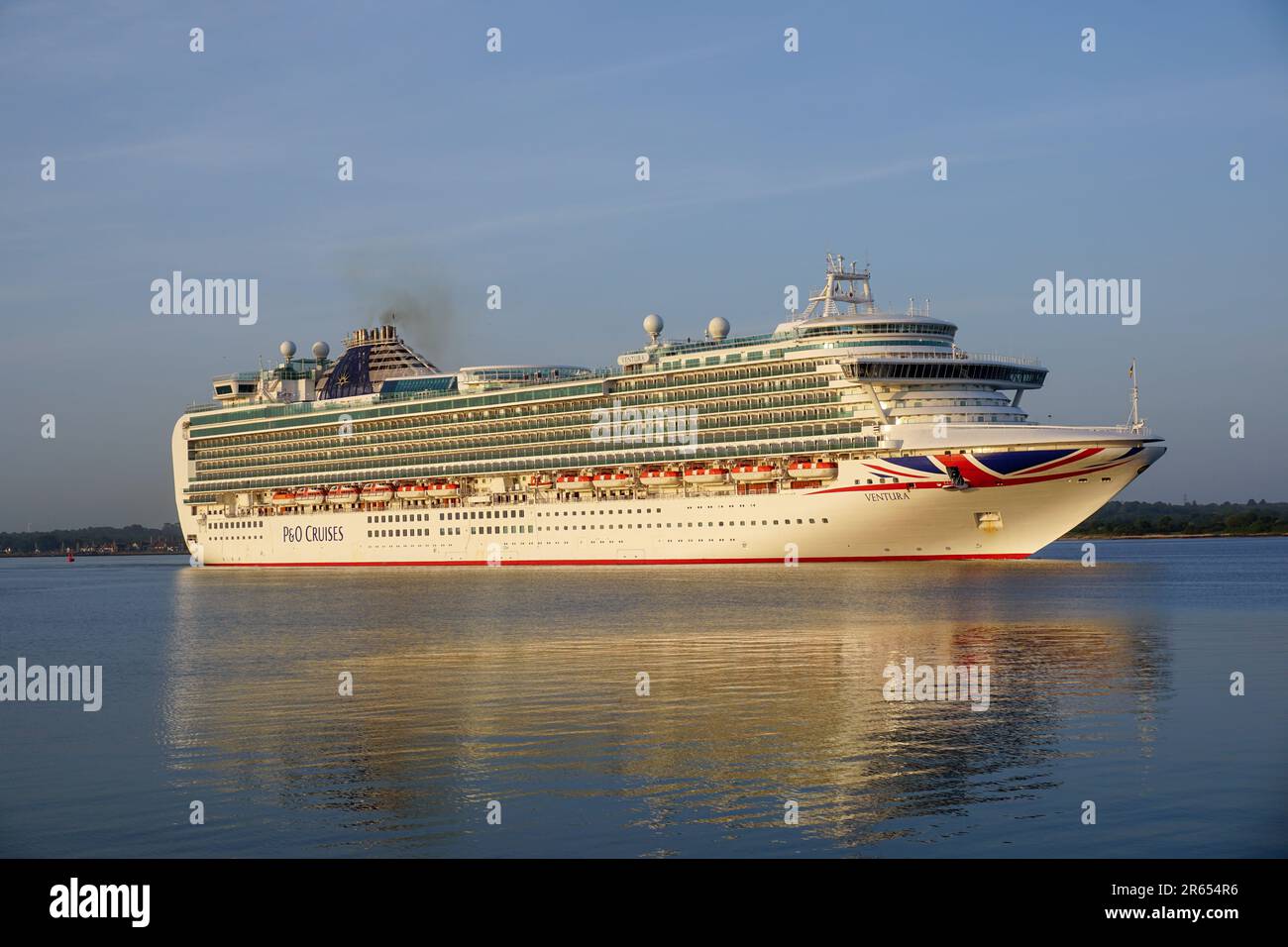 Southampton UK 27 May 2023 - Ventura cruise ship coming in to dock at port of Southampton. Large passenger cruise vessel from P&O cruises Stock Photo