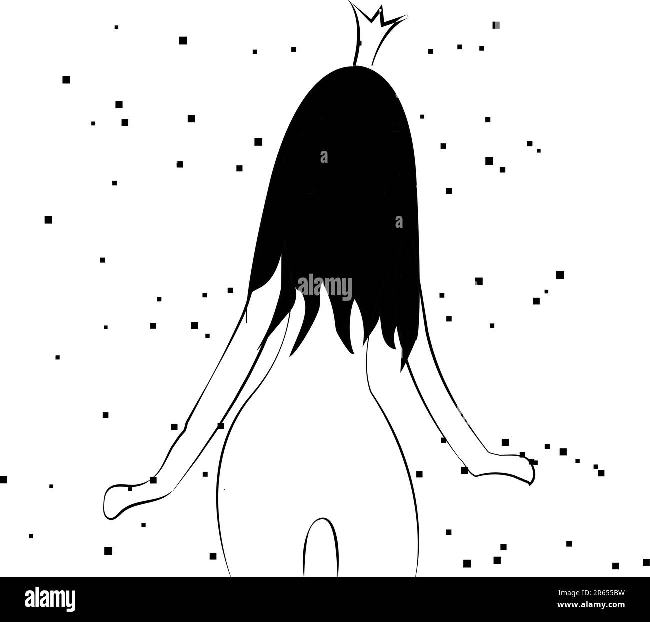 Slim, fragile black and white little tender princess girl with a crown with a beautiful slender figure turned with her back with long hair drawn by li Stock Vector