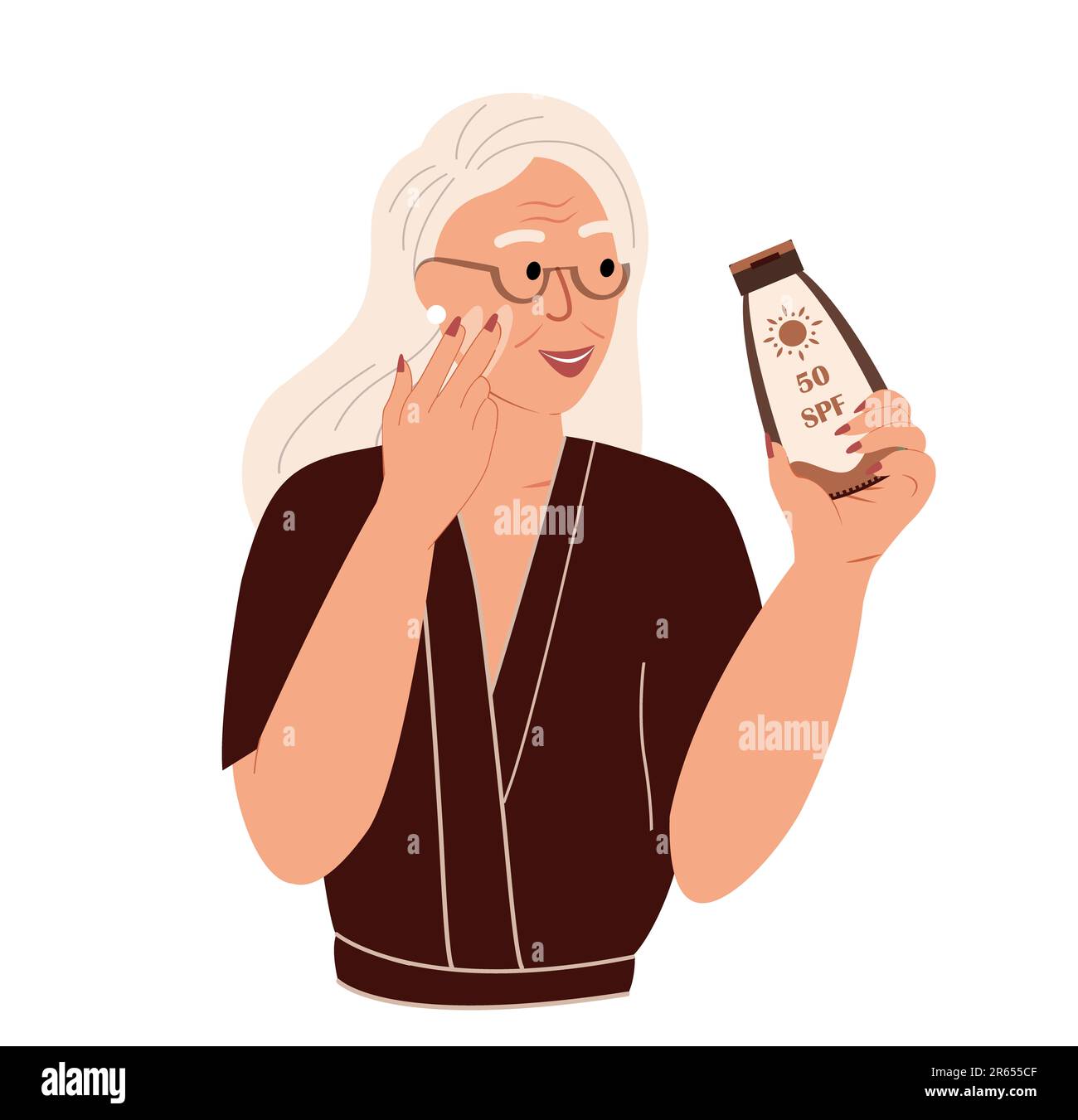 Elderly woman Apply SPF protective cream.Old Female face caring routine