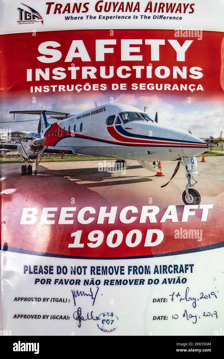 Safety Instructions, Hawker Beechcraft Beech King 1900D, Trans Guyana Airways, Flight from Rupununi Savannah to Georgetown, Guyana Stock Photo