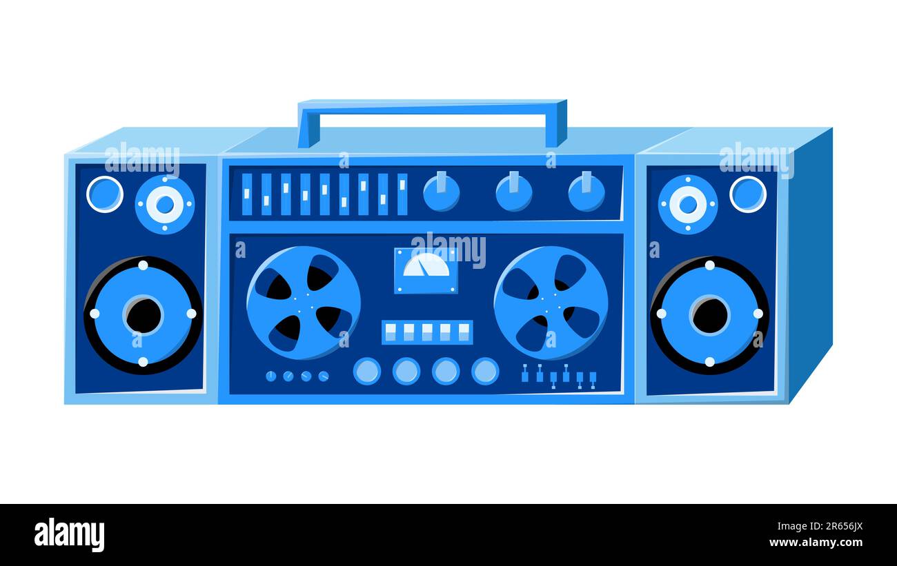 Old isometry retro blue vintage music cassette tape recorder with magnetic tape on reels and speakers from the 70s, 80s, 90s. Beautiful icon. Vector i Stock Vector