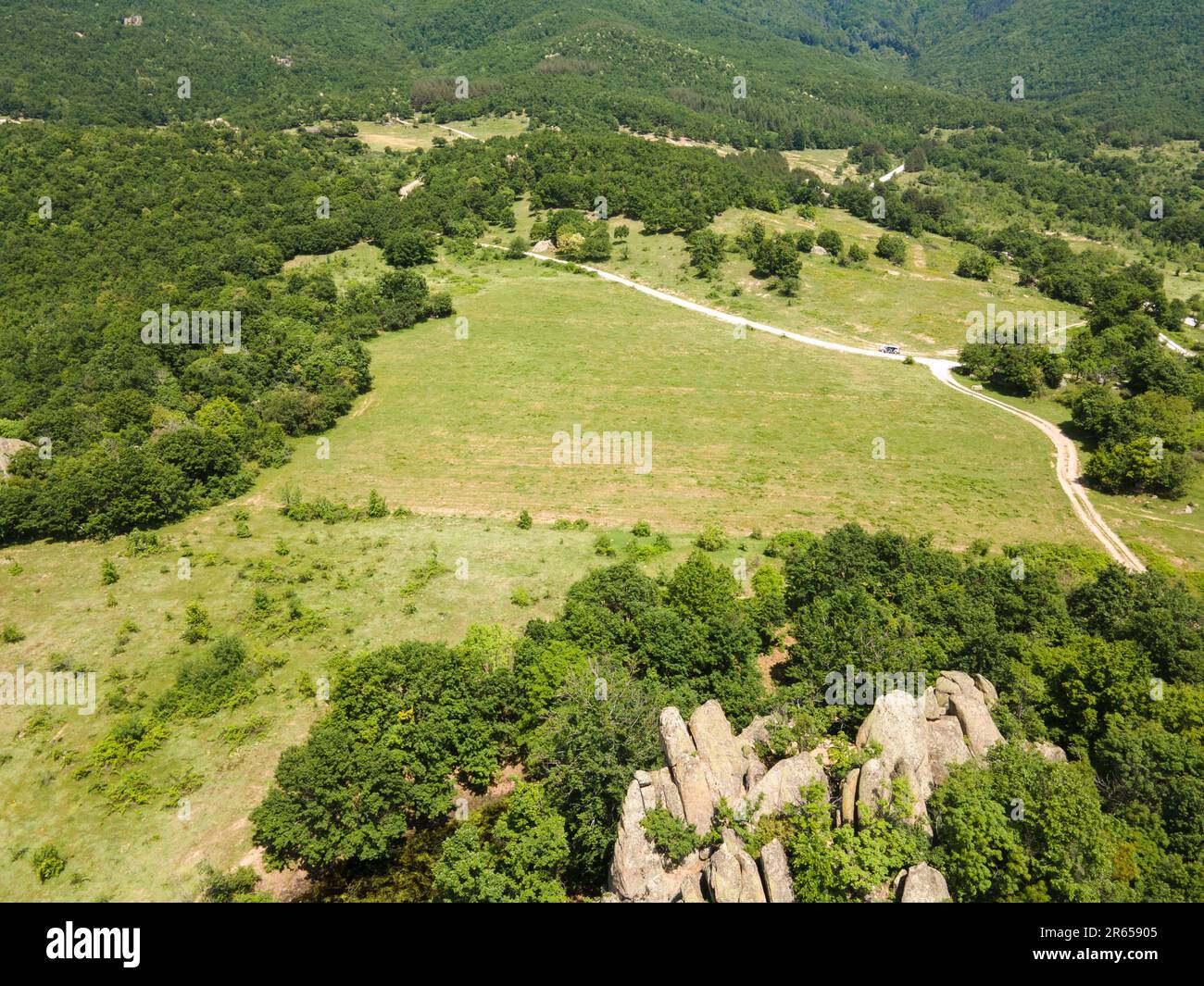 Aerial view of ancient thracian Sanctuary Skumsale near town of ...