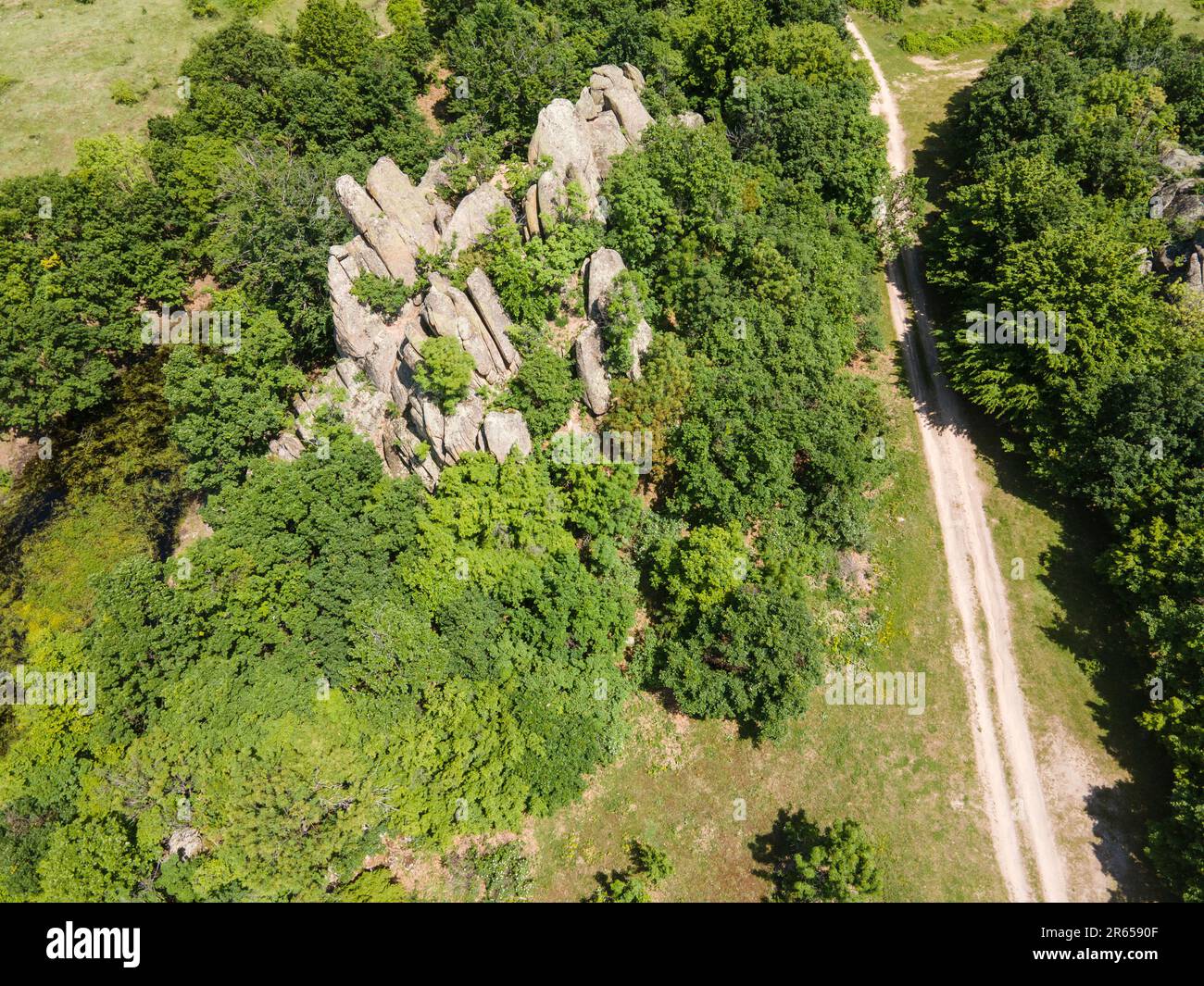 Aerial view of ancient thracian Sanctuary Skumsale near town of ...