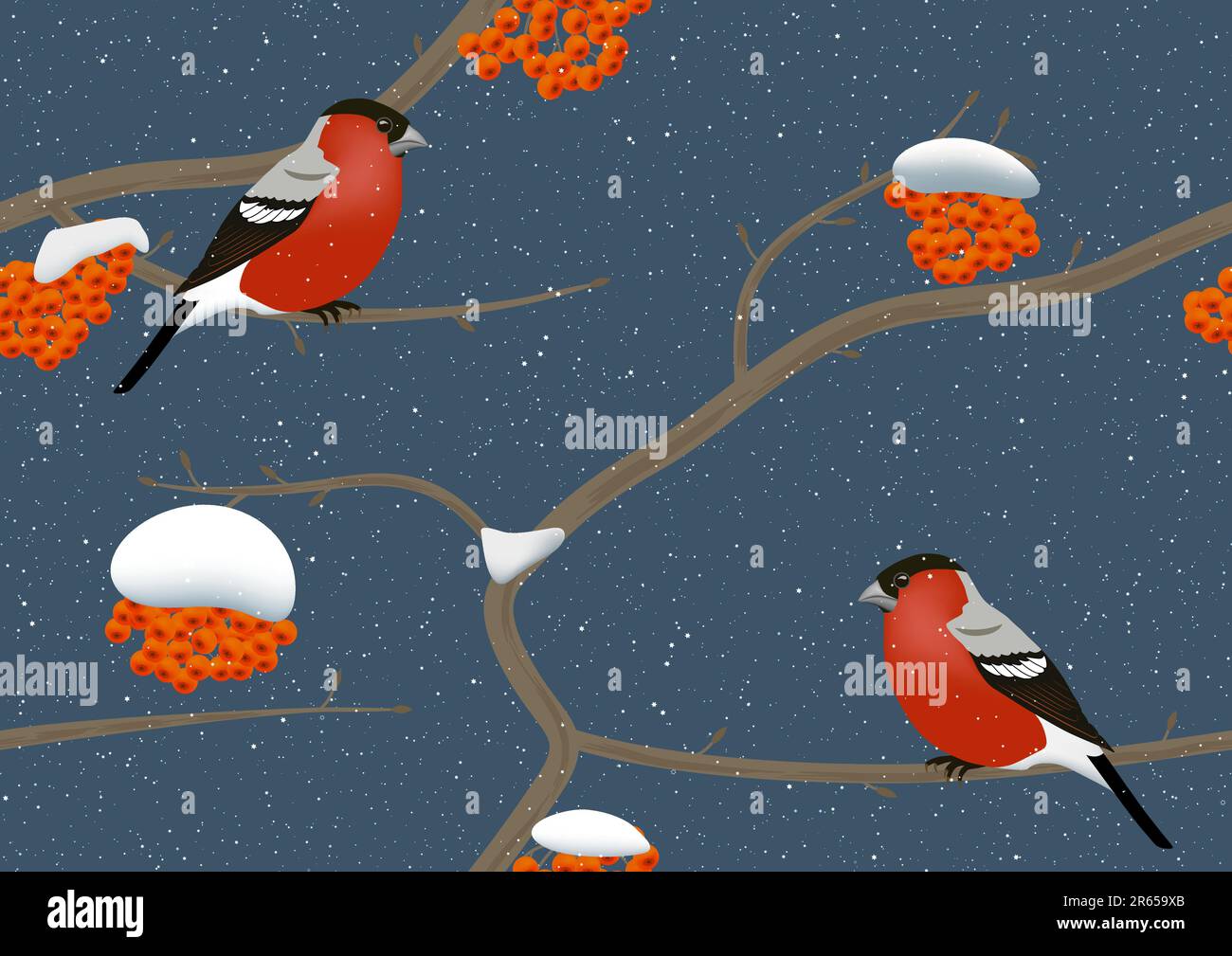 Seamless illustration of bullfinches on rowan tree in winter and snow  AI8 compatible eps file Stock Vector