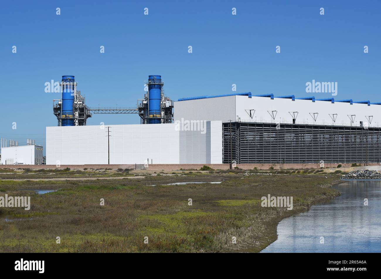 HUNTINGTON BEACH, CALIFORNIA - 28 APR 2021:  The Huntington Beach Energy Project (HBEP) old and new facility. Stock Photo