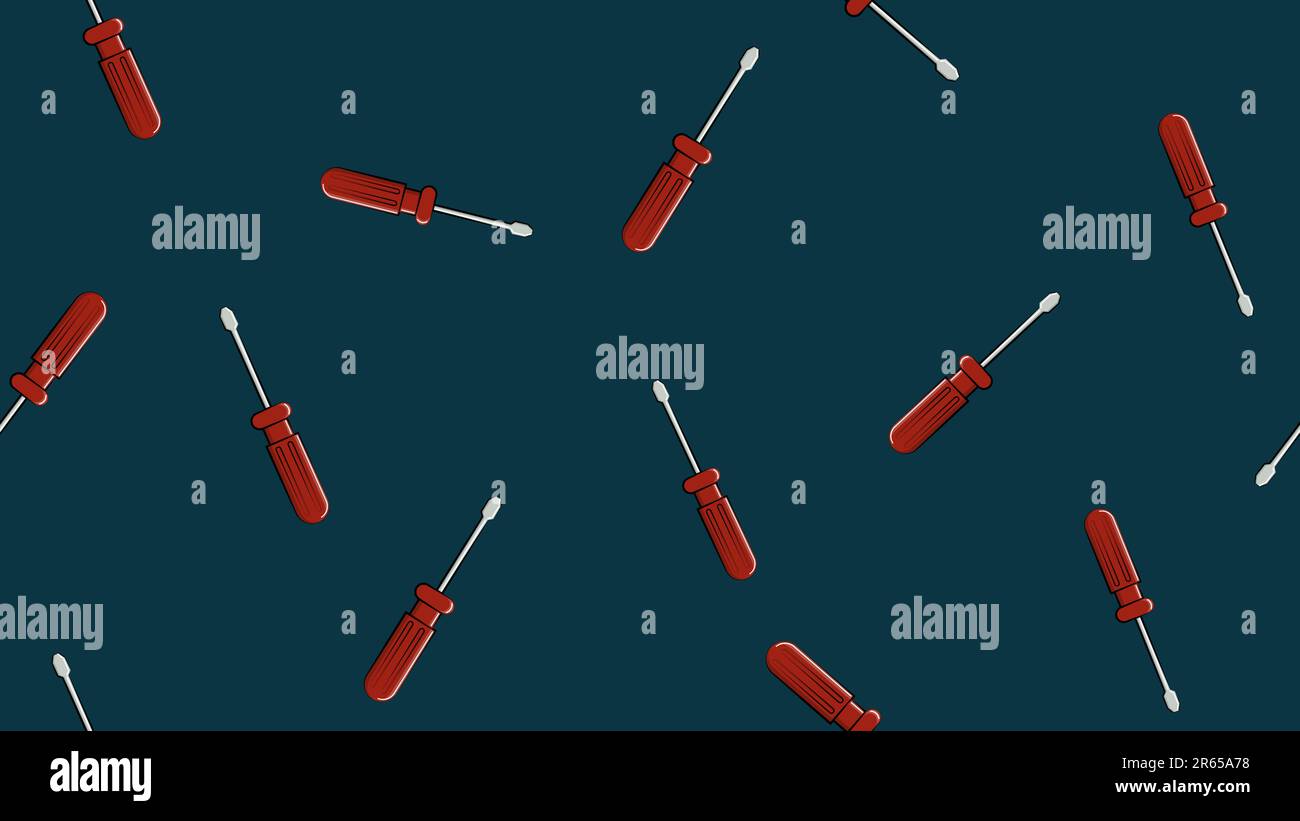Texture, seamless abstract pattern of metal construction red plastic screwdrivers for repair, tool on blue background. Vector illustration. Stock Vector