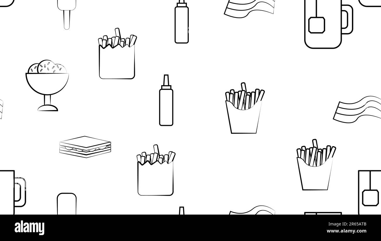Black and white endless seamless pattern of food and snack items icons set for restaurant bar cafe: fries, sandwich, ketchup, ice cream, tea, bacon. T Stock Vector