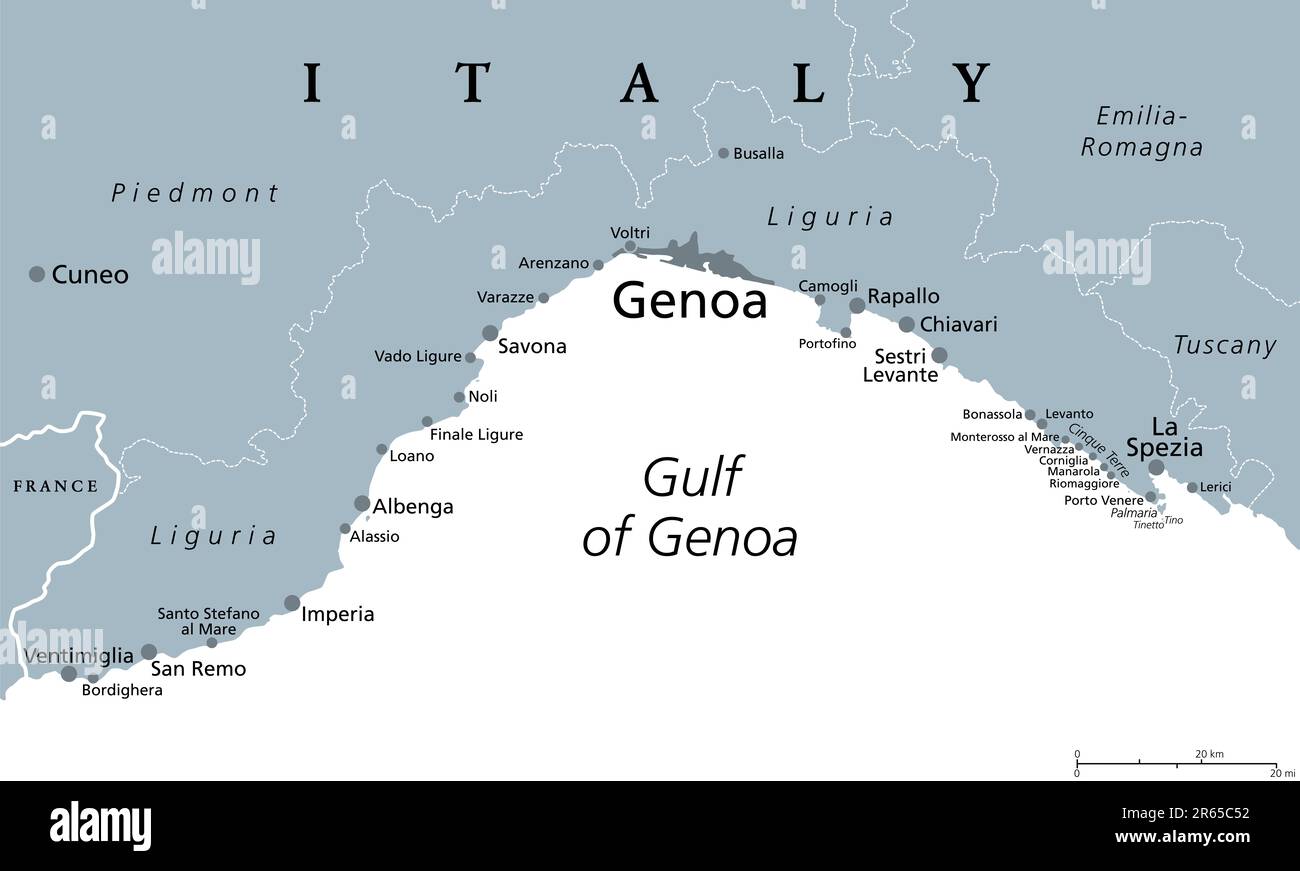 Liguria and the Italian Riviera, the Ligurian Riviera, gray political map. A region of north