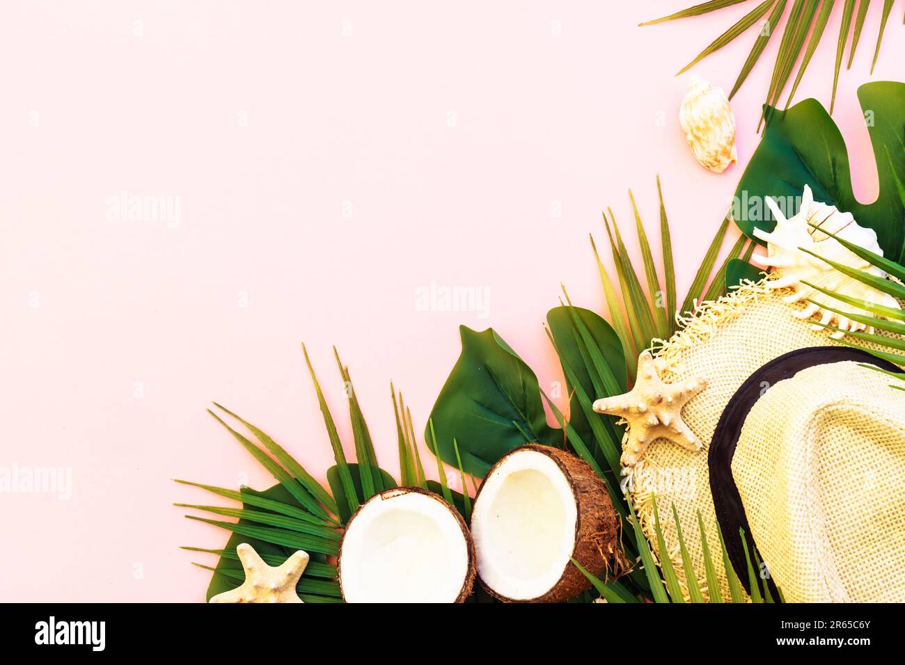 Summer flat lay background tropacal leaves on pink Stock Photo - Alamy