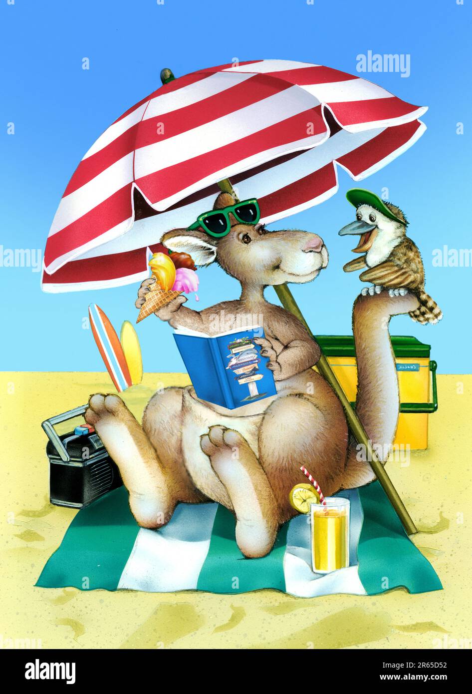 Animals-Kangaroo under beach umbrella relaxing Stock Photo