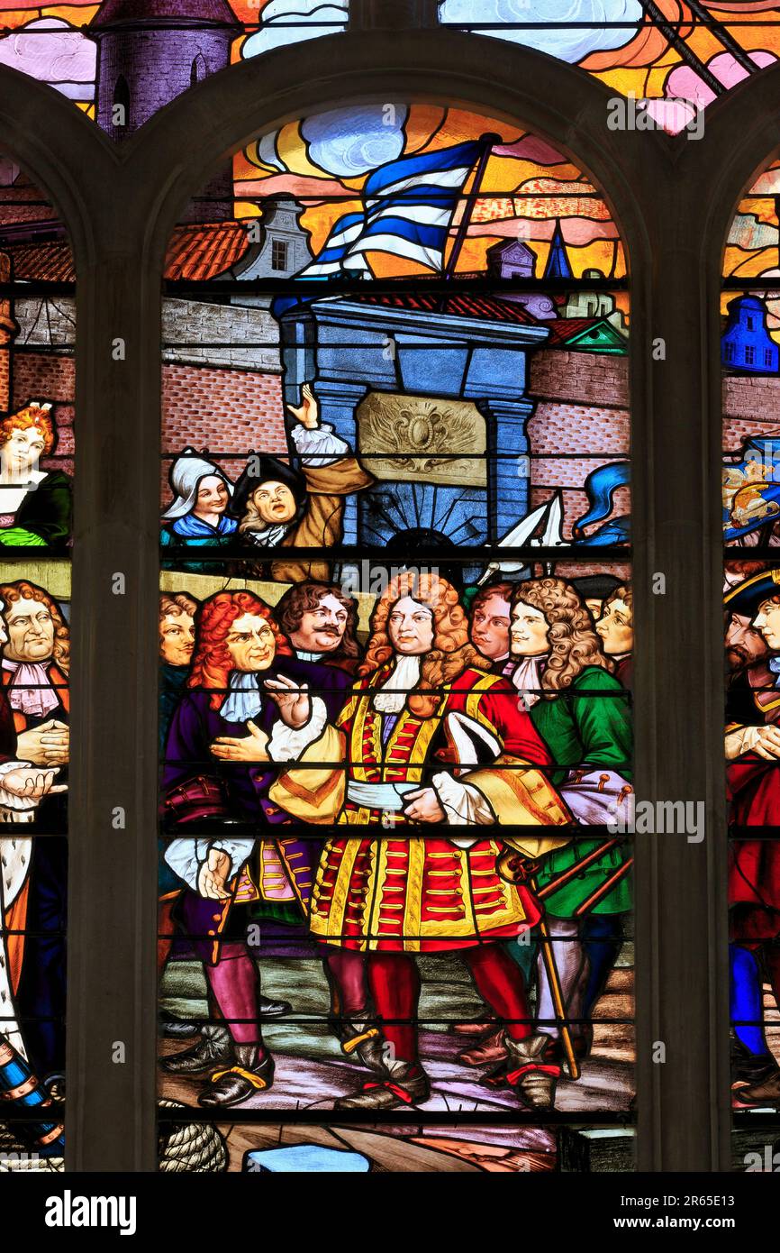 A massive stained glass window depicting the French naval commander and privateer Jean Bart (1650-1702) at the town hall of Dunkirk (Nord), France Stock Photo