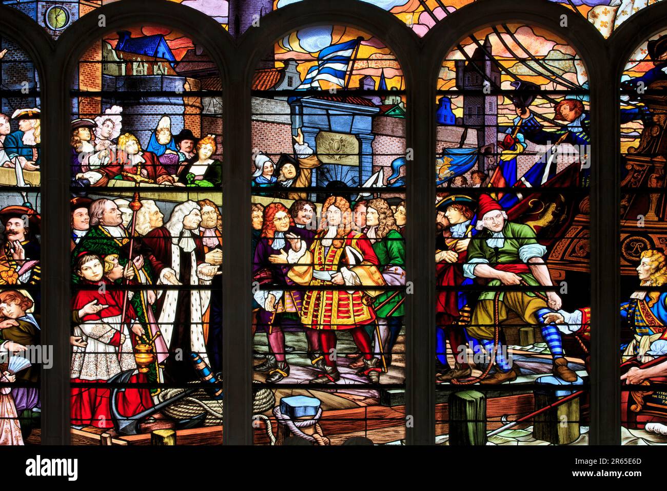 A massive stained glass window depicting the French naval commander and privateer Jean Bart (1650-1702) at the town hall of Dunkirk (Nord), France Stock Photo