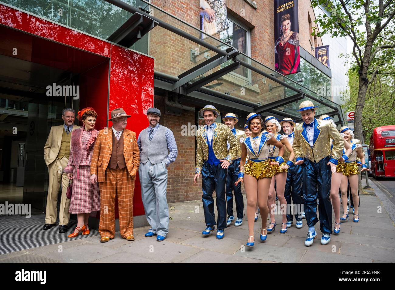 London, UK.  7 June 2023.  Members of the lead cast and ensemble cast of 42nd STREET arrives at Sadler’s Wells on a Routemaster bus for a photocall.  The production runs at Sadler’s Wells 7 June to 2 July, before embarking on a UK tour.   Credit: Stephen Chung / EMPICS / Alamy Live News Stock Photo