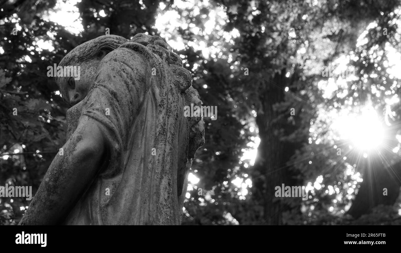 Sculpture of a beautiful woman in a graveyard / cemetery. Black and white. Backlit shot. Stock Photo