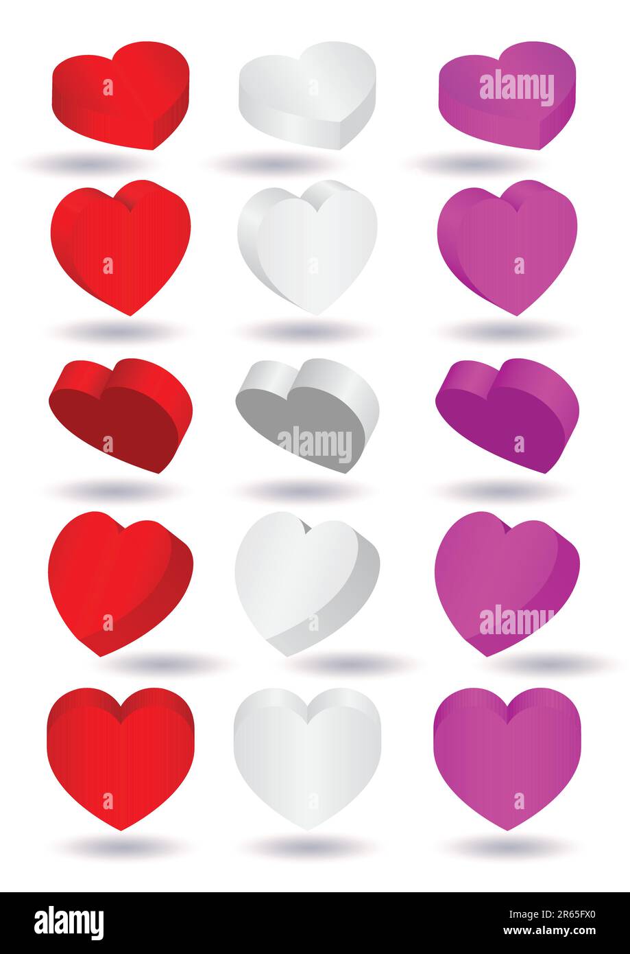 Vector illustration of 3D heart shape in different colors and views. All vector objects and details are isolated and grouped. Colors and background... Stock Vector
