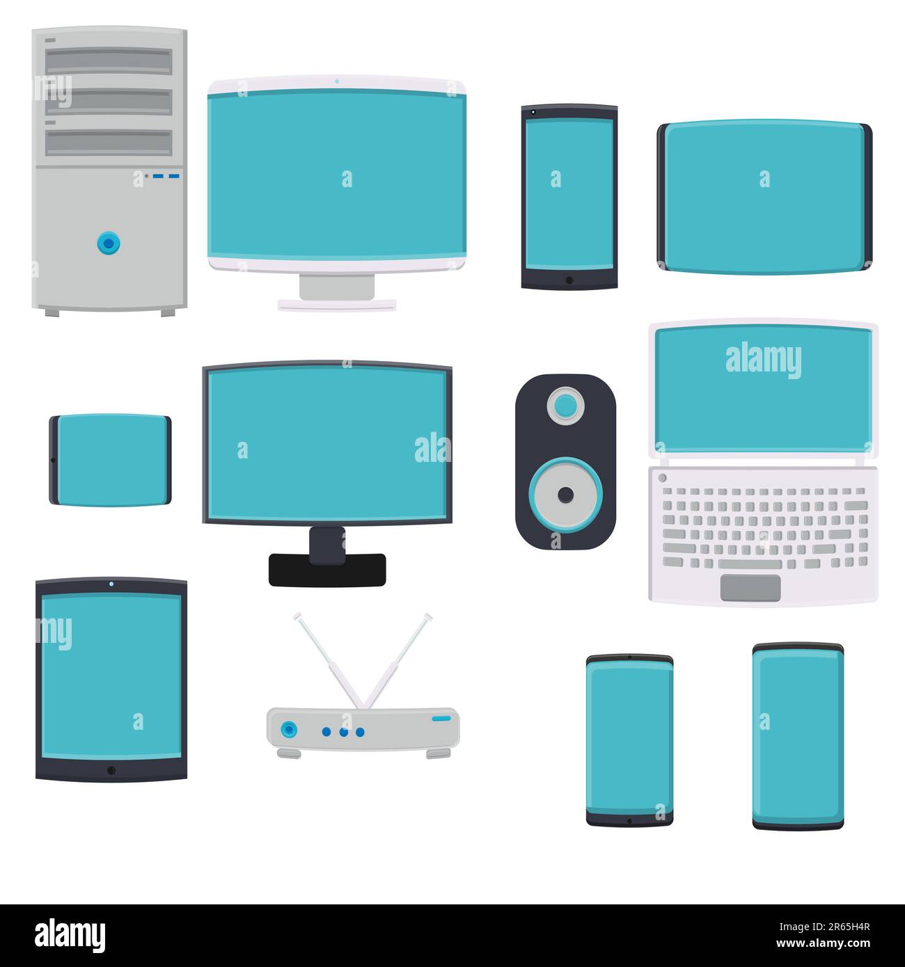 Vector illustration of a large set of flat icons of digital smartphone smartphones computers monitors laptop modems on a white background. Concept: co Stock Vector