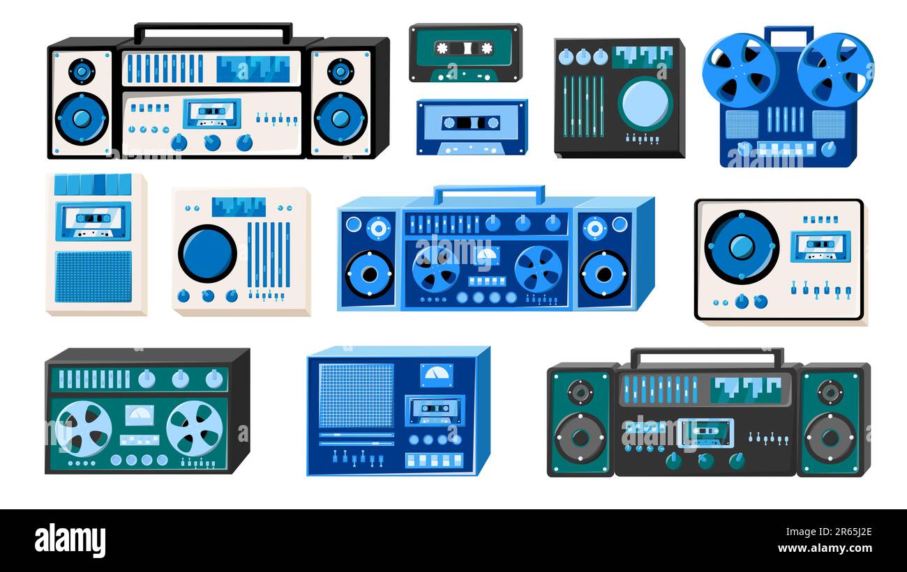 Set of bleautiful old retro vintage isometry musical electronics