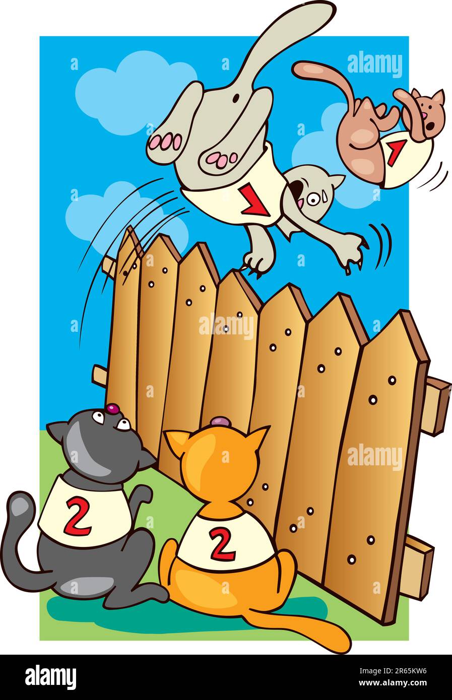 Illustration of cats jumping above the fence Stock Vector Image & Art Alamy
