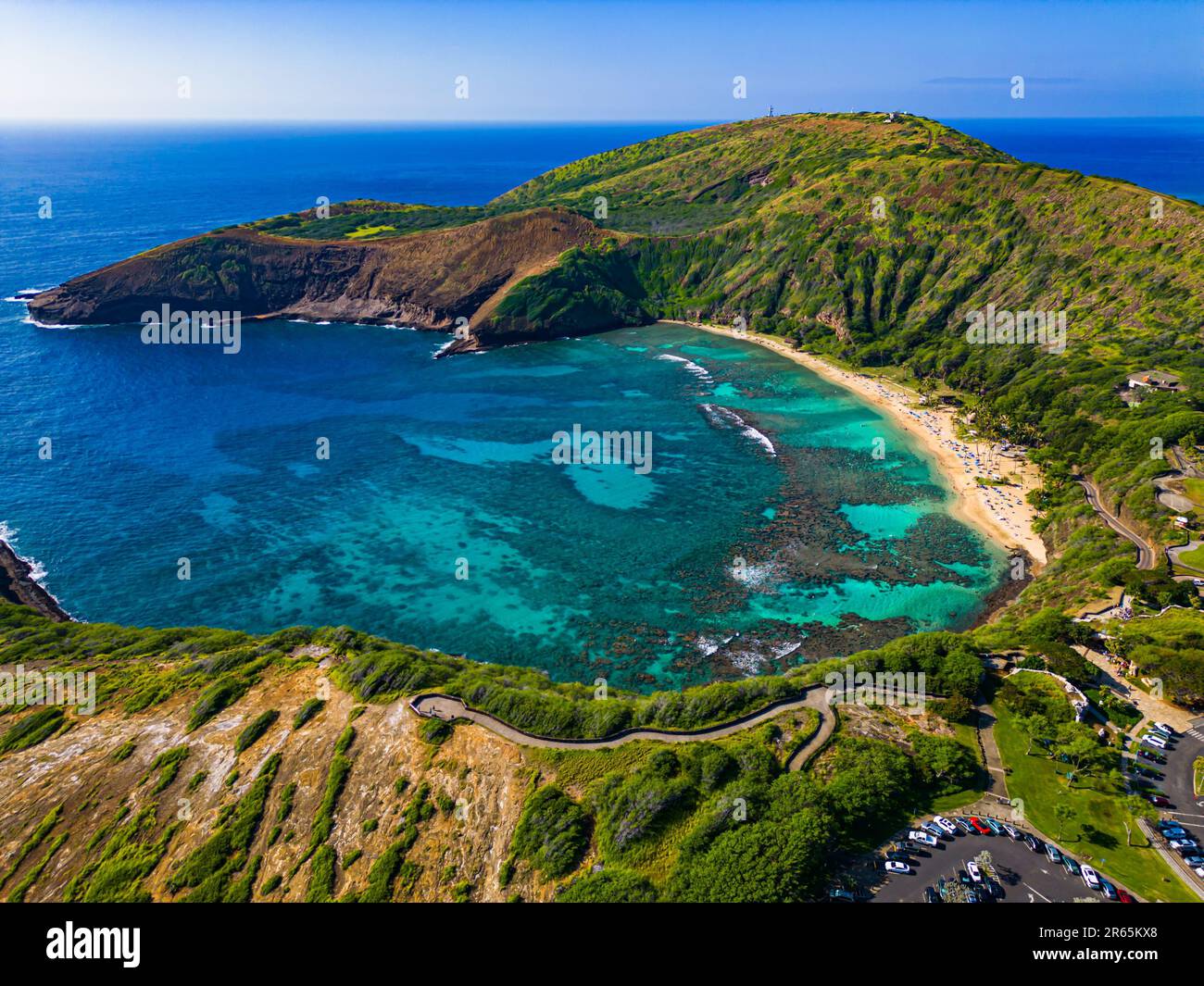 An aerial view of Hanauma Bay on the island of O'ahu in Hawaii Stock