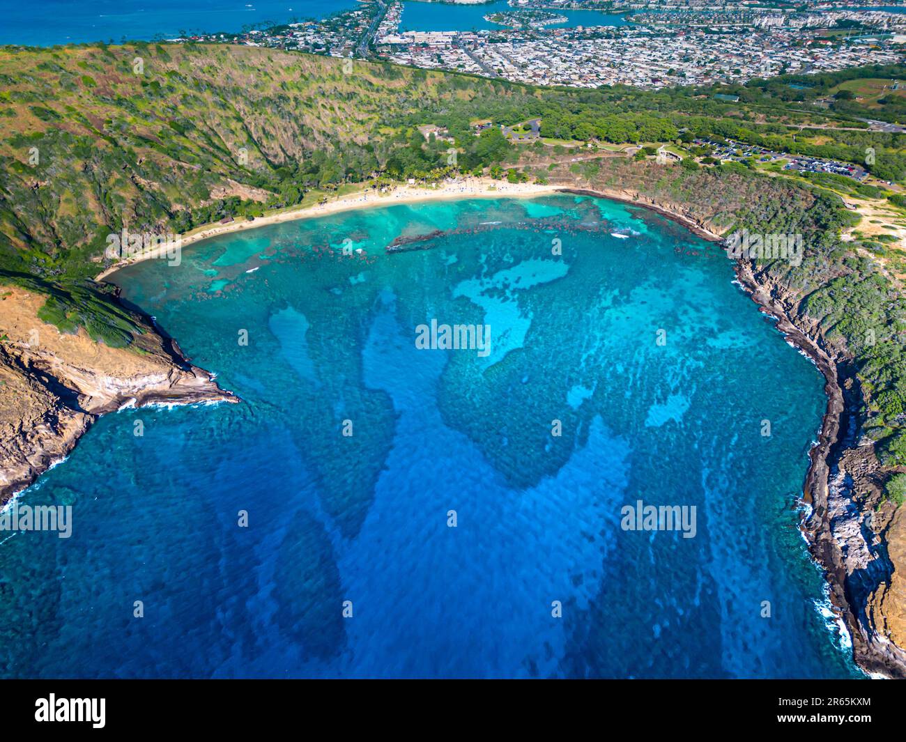 An aerial view of Hanauma Bay on the island of O'ahu in Hawaii Stock