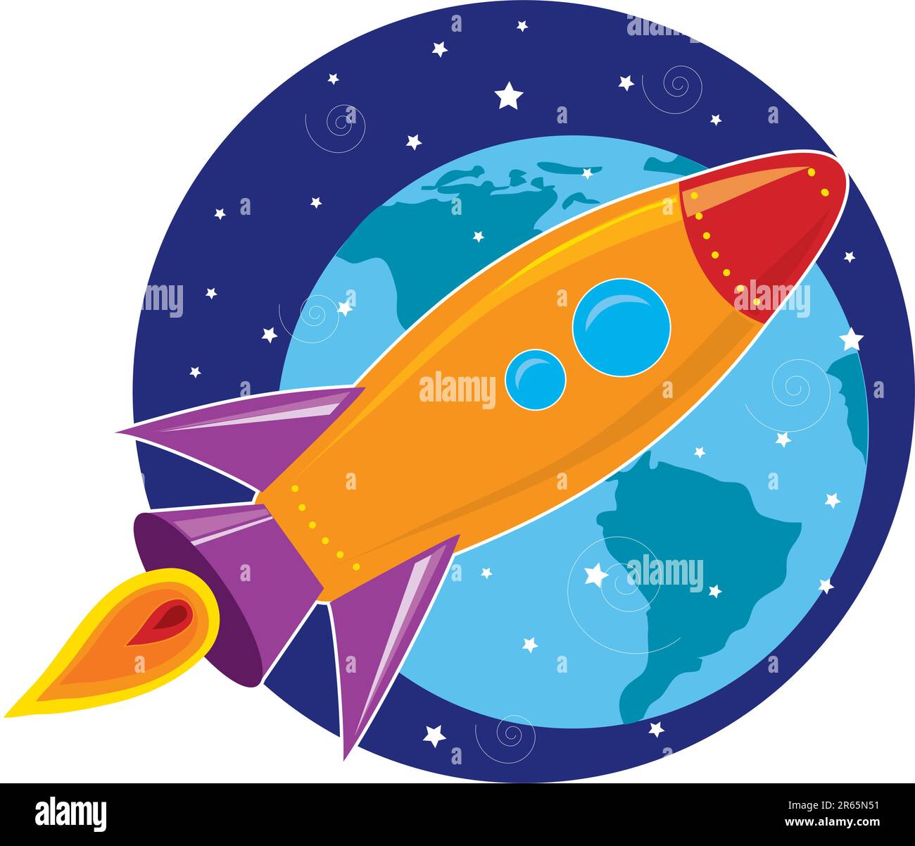 A rocket flies through space with the planet Earth in the background Stock Vector