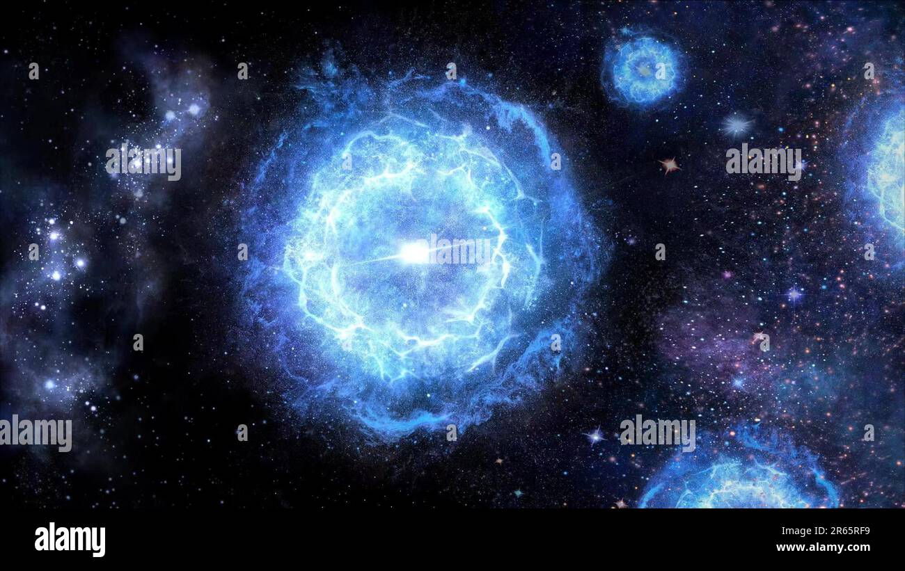 (230607) -- BEIJING, June 7, 2023 (Xinhua) -- This image provided by the National Astronomical Observatories of China (NAOC) shows the first generation stars end up as a special type of supernovae, called pair-instability supernovae (PISN). TO GO WITH 'China Focus: China's telescope makes new finding on super massive first generation star' (NAOC/Handout via Xinhua) Stock Photo