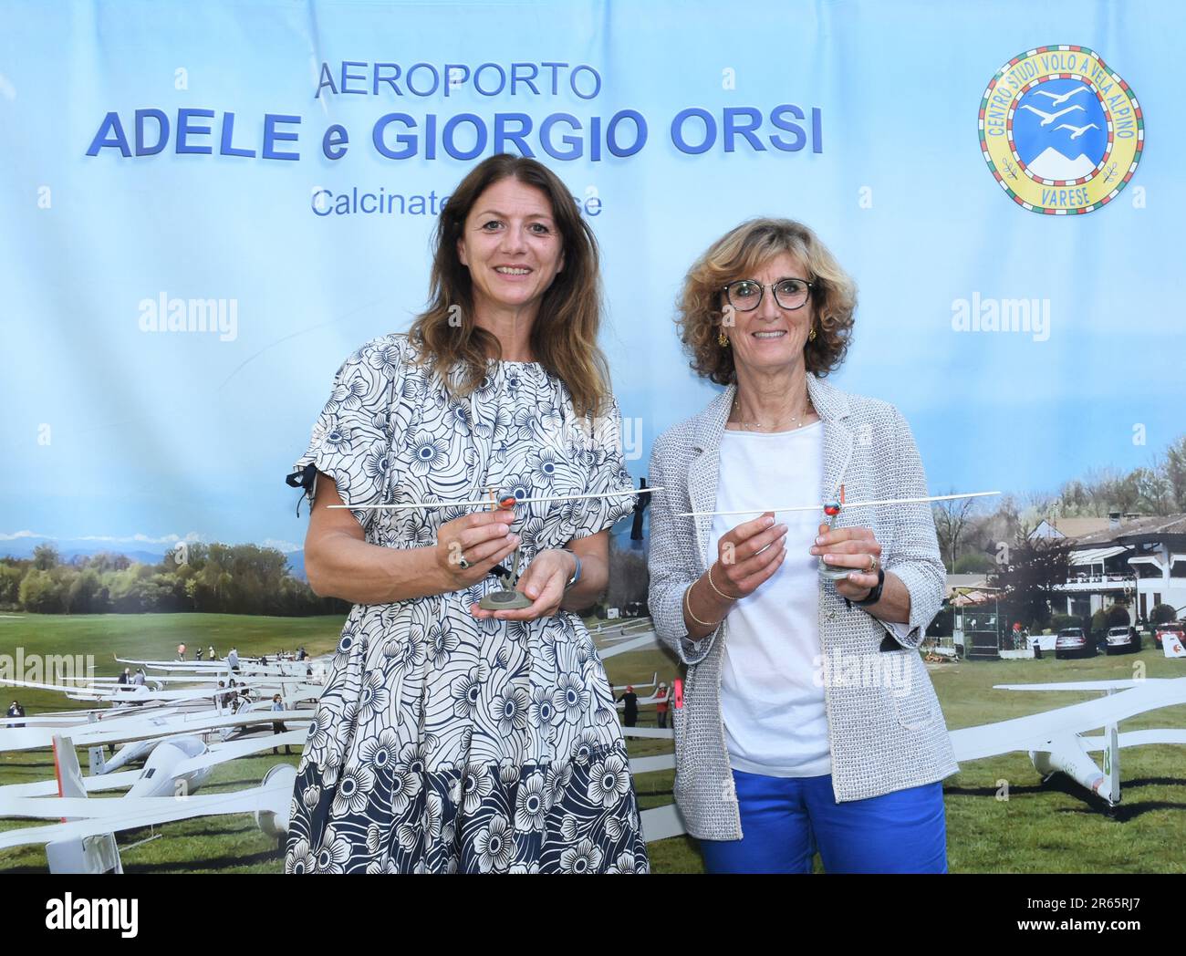 Varese, Italy. 07th June, 2023. Varese, Italy Disabled in flight event in collaboration with the Niguarda Spinal Unit of Milan and the Adele Orsi Aero Club of Calcinate del Pesce allowed with its collaborators to take some people with motor disabilities on gliders in flight. In the photo: Margherita Acquaderni President of ACAO, Ivana Perusin Deputy Mayor Department for the Development of Productive Activities Comune VA Credit: Independent Photo Agency/Alamy Live News Stock Photo
