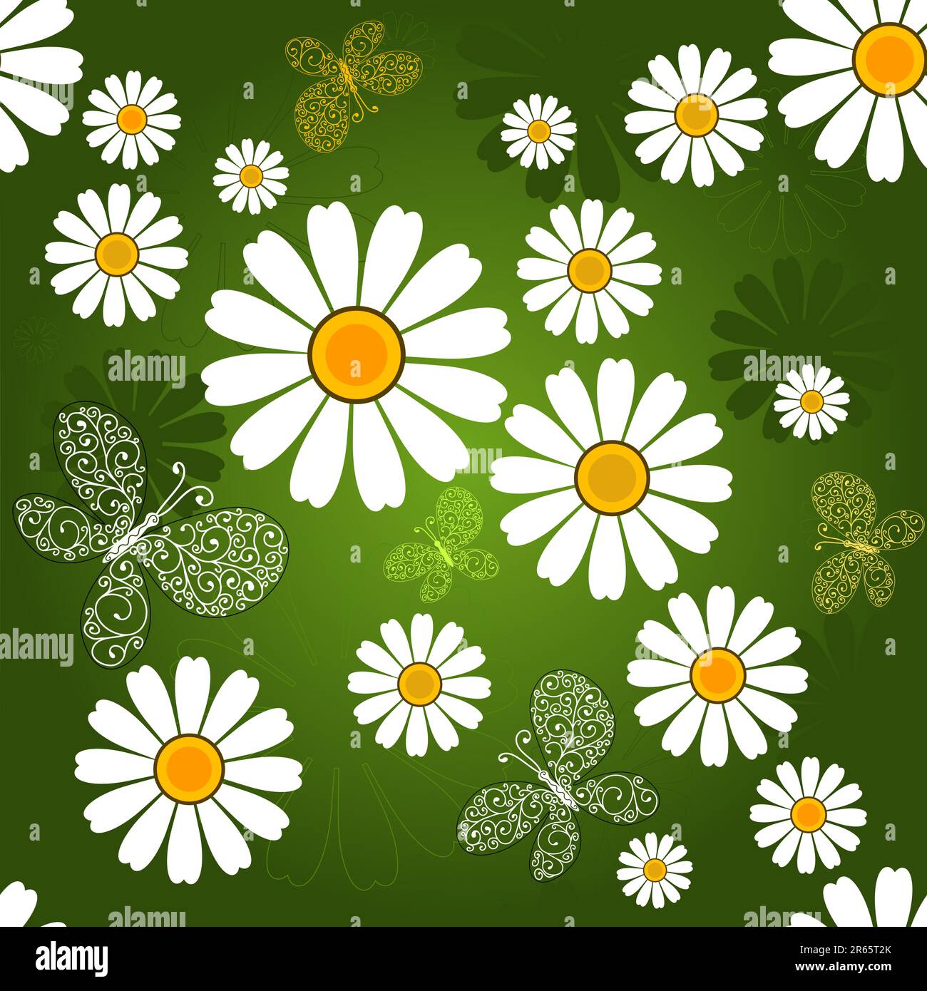 Seamless green pattern with butterflies and white flowers (vector Stock ...