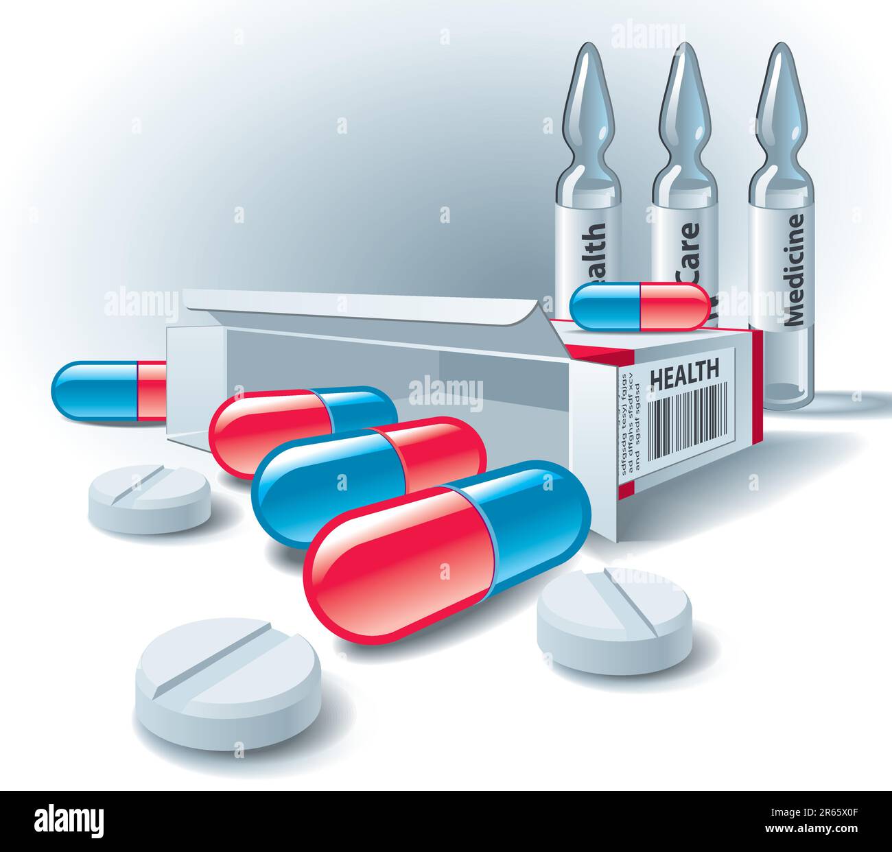 Pills, tablets, box and ampoules on white background. Vector Illustration. Stock Vector