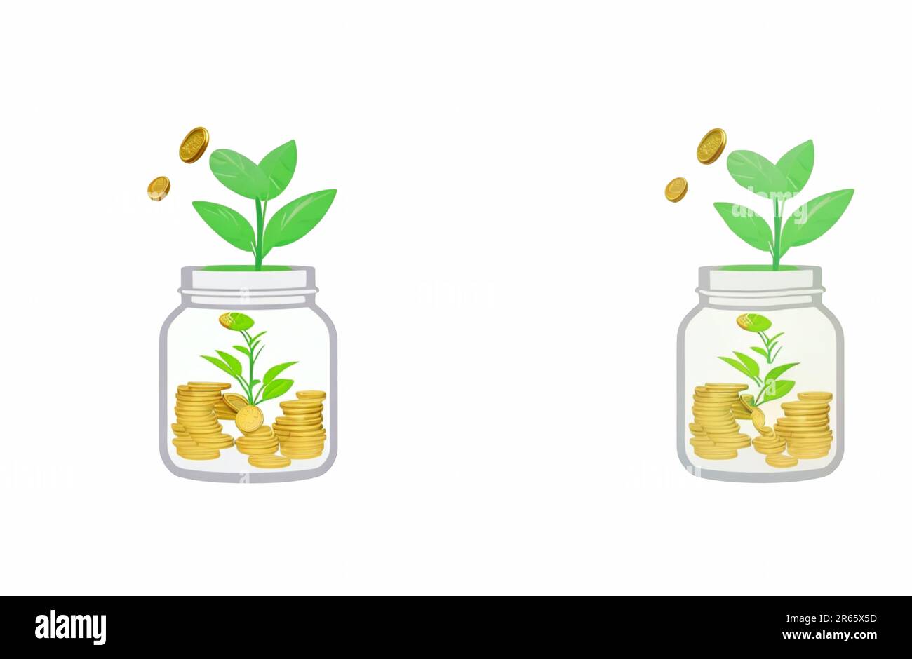 Saving money business concept with piggy bank, tree, coins, money, copy space on isolated white background Stock Photo