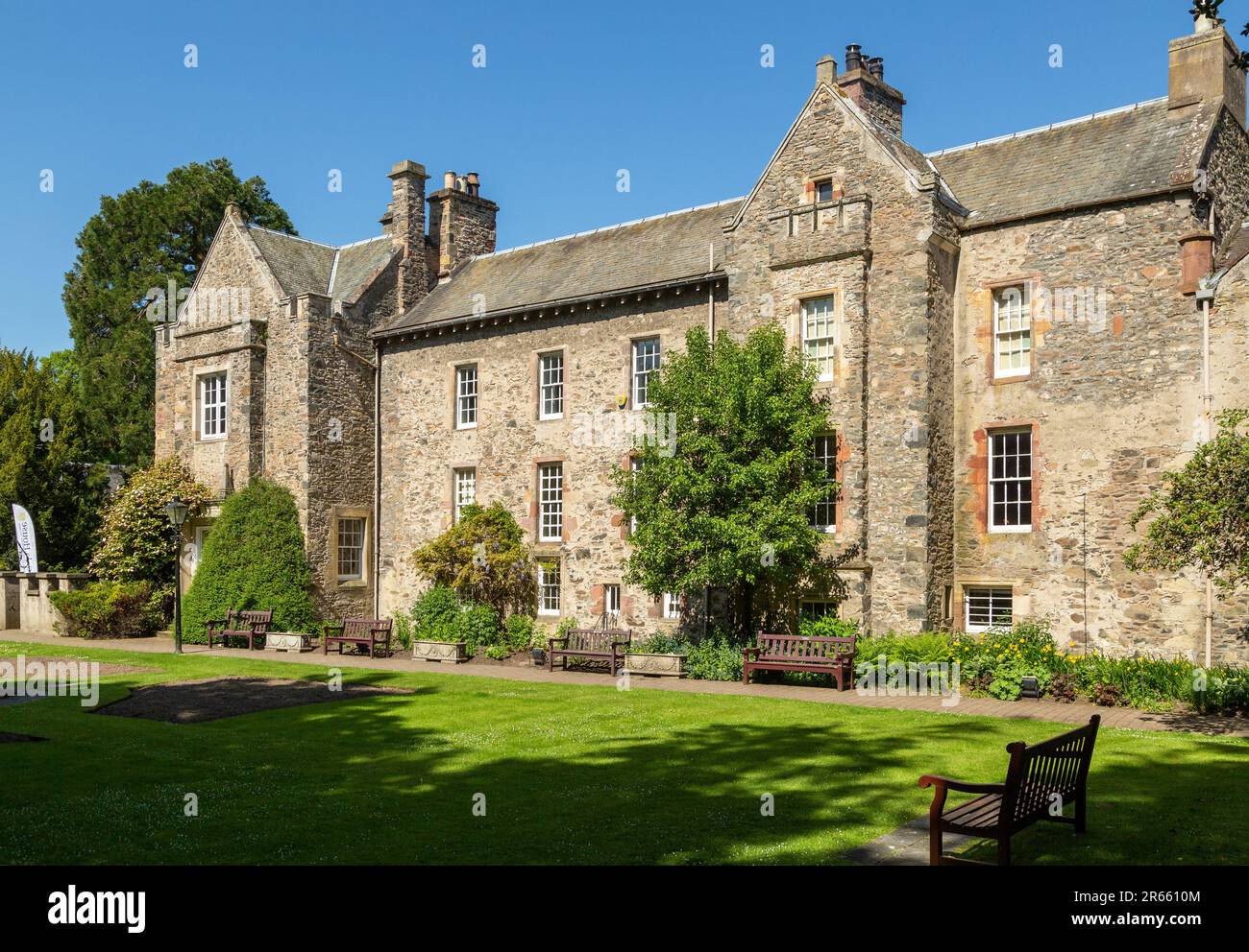 Old Gala House is a museum and conference centre the building was originally built as a tower house in 1457 by the Hoppringill family Stock Photo