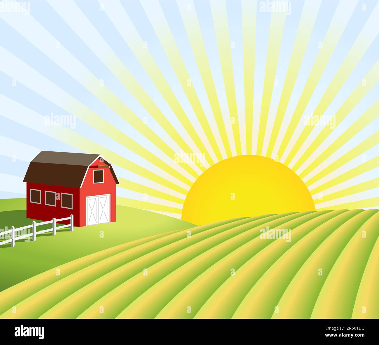 Vector illustration of a farm and fields at sunrise Stock Vector Image ...